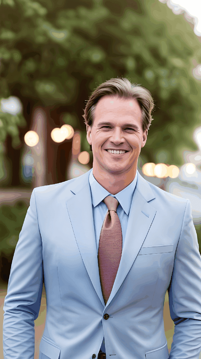 A man in a light blue suit standing outdoors in front of a tree at dusk
